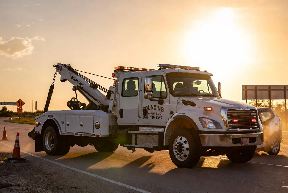 Bouncing Towing LLC flatbed truck responding to emergency towing call in Dallas Texas