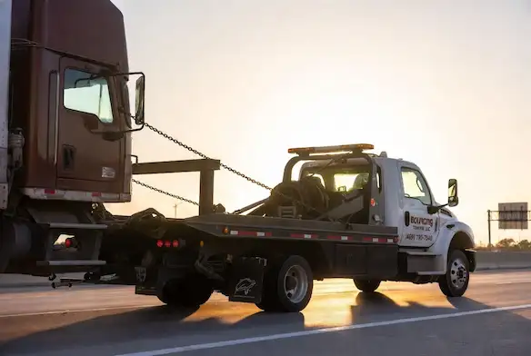 Bouncing Towing red flatbed truck hauling vehicle in Dallas
