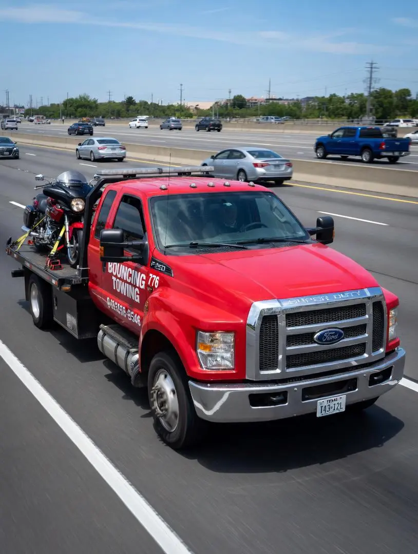 Bouncing Towing LLC transporting motorcycle on Dallas Texas highway