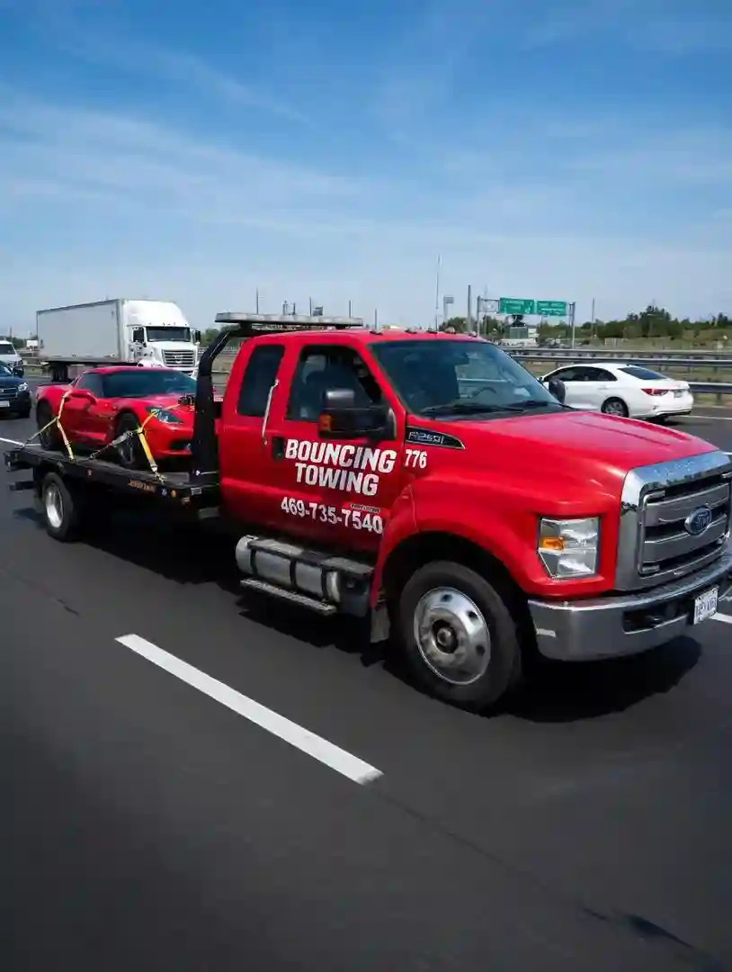 Bouncing Towing flatbed hauling sports car in Dallas statewide Texas